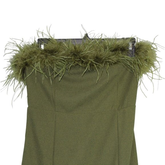 Windsor Medium Olive Green Monica Formal Dress Feather Trim Strapless Split Long - Picture 11 of 16